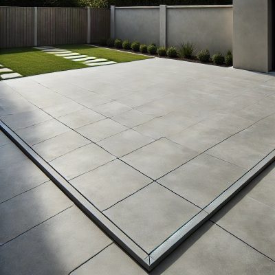 Stamped concrete patio with a decorative stone pattern in a backyard setting